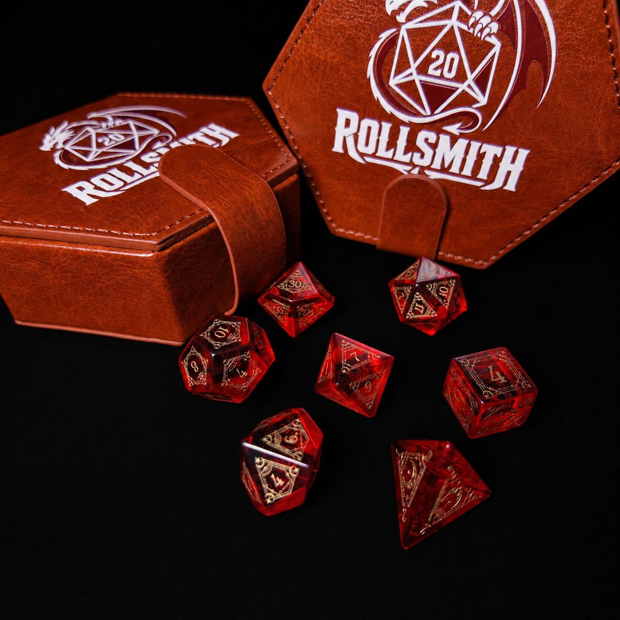 Heart of the Crimson Flame – Red K9 Crystal Glass 7-Piece Dice Set