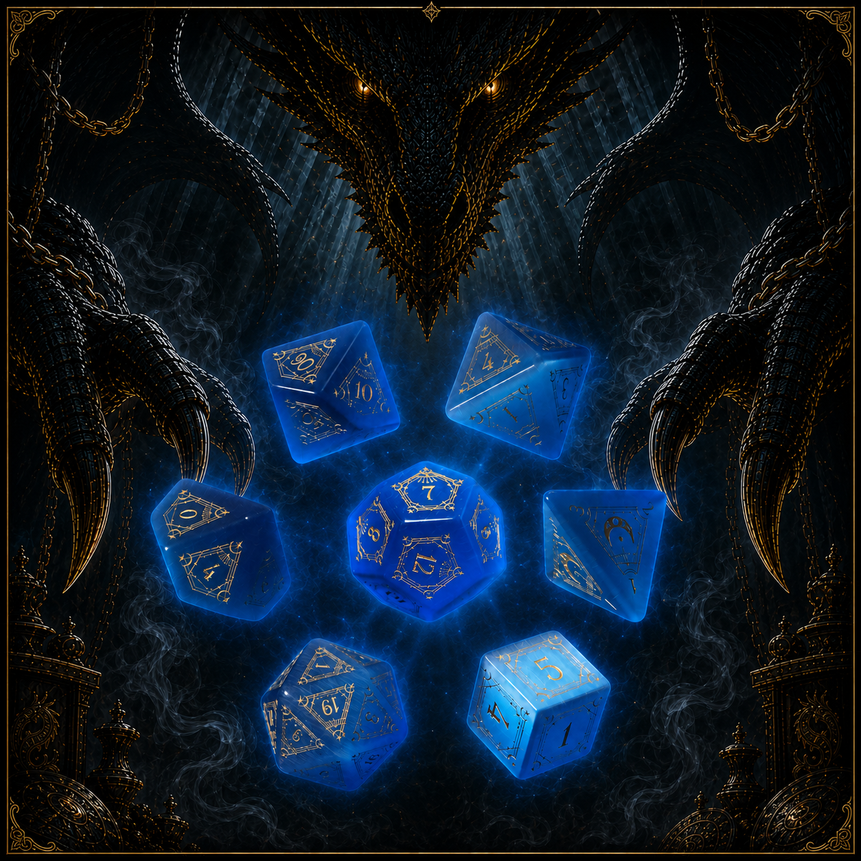 Eye of the Azure Moon – Blue Cat’s Eye 7-Piece Polyhedral Dice Set