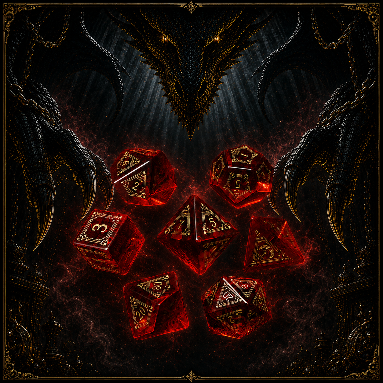 Heart of the Crimson Flame – Red K9 Crystal Glass 7-Piece Dice Set