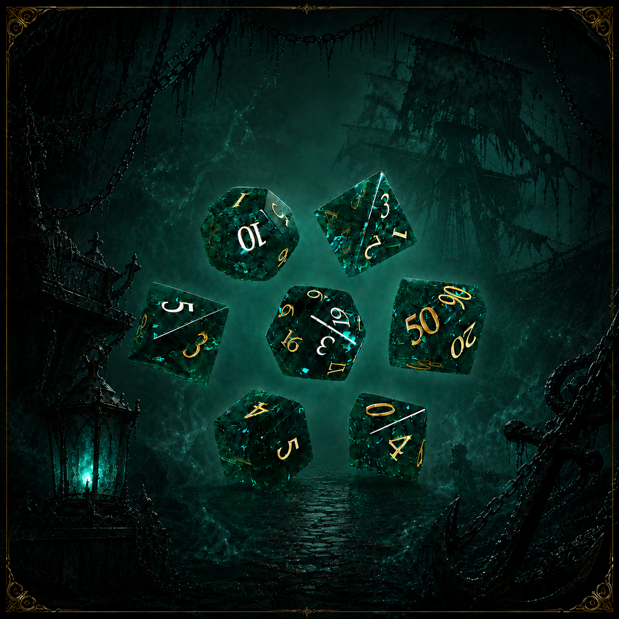The Drowned Oath｜Green K9 Crystal Glass DnD Dice Set