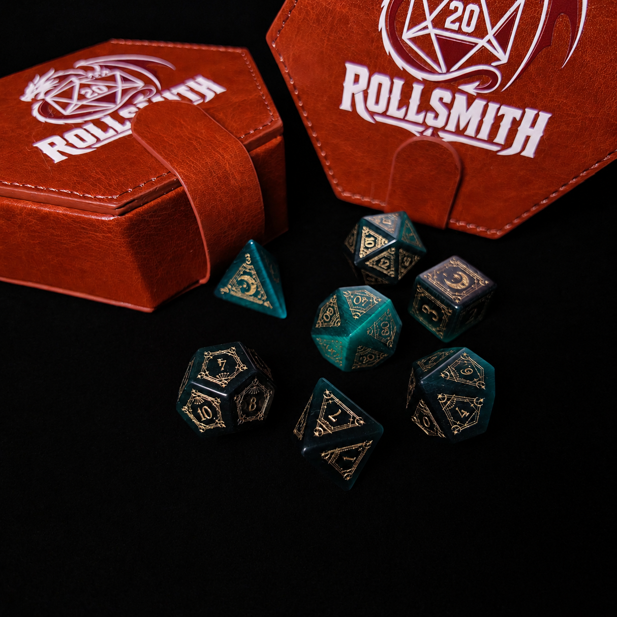 Breath of the Emerald Abyss – Green Cat’s Eye 7-Piece Polyhedral Dice Set