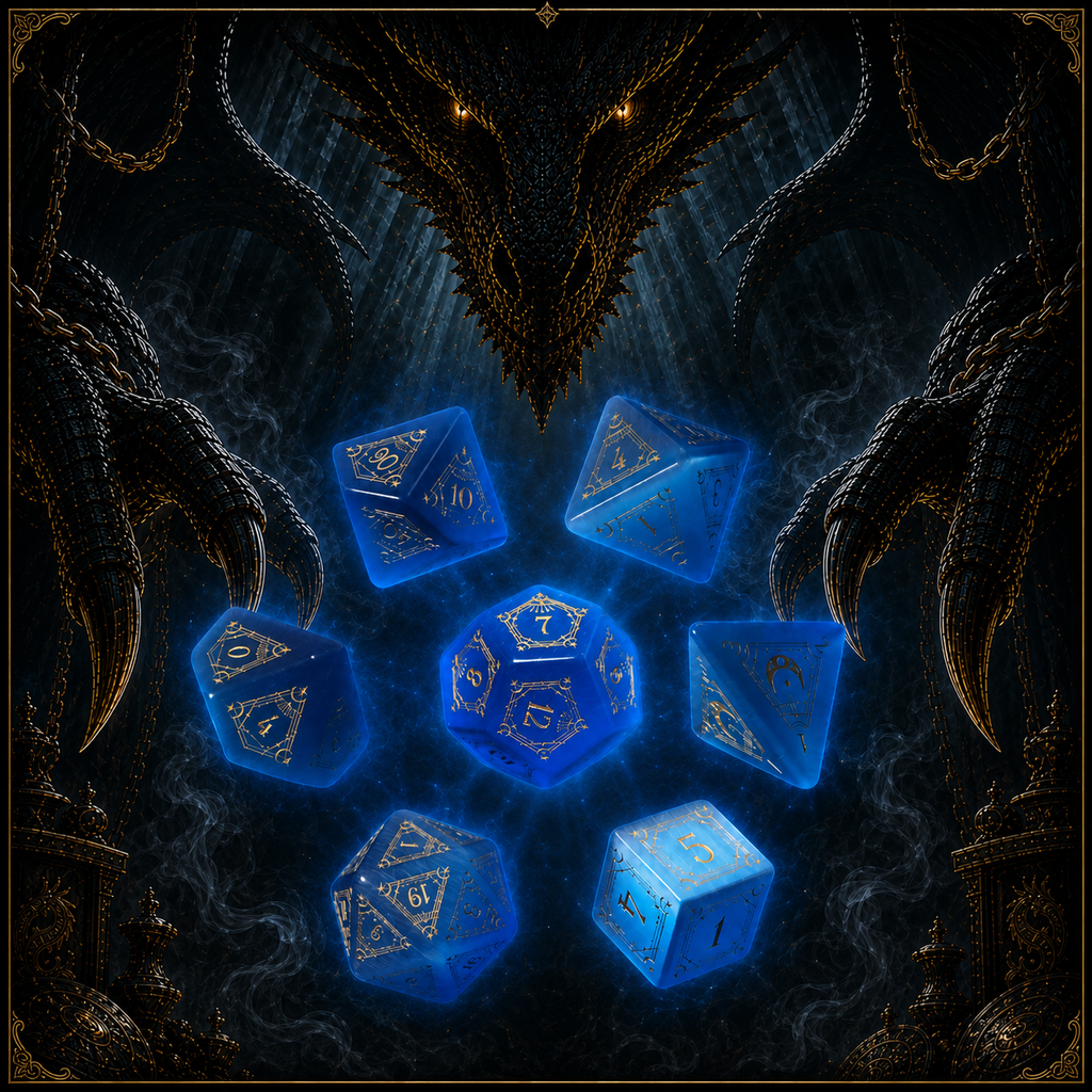 Eye of the Azure Moon – Blue Cat’s Eye 7-Piece Polyhedral Dice Set
