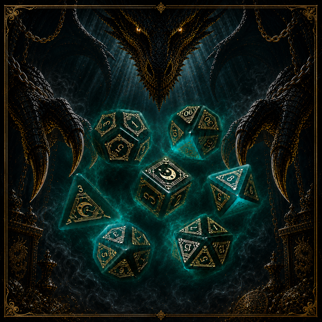 Breath of the Emerald Abyss – Green Cat’s Eye 7-Piece Polyhedral Dice Set