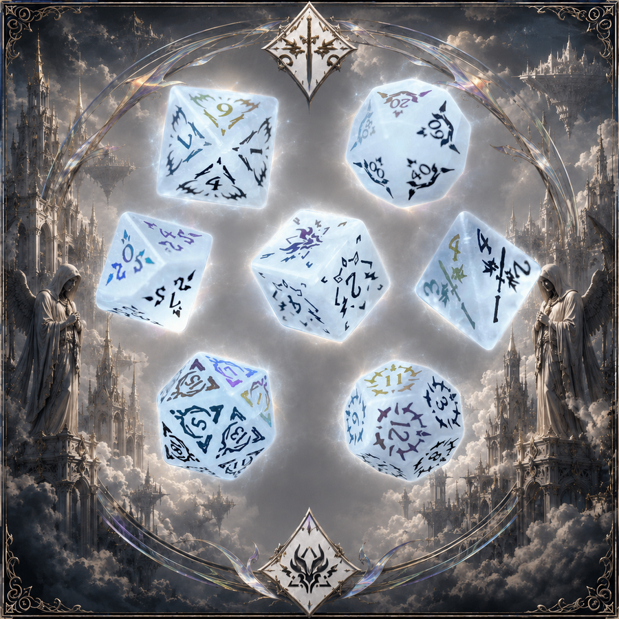 Sigil of the Iridescent Sky – White Crystal Rune DnD Dice Set